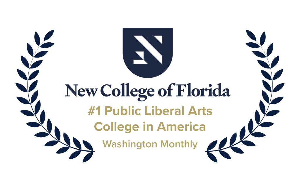 New College of Florida logo situated between two laurels. Subtext underneath reads, "Number One Public Liberal Arts College in America"